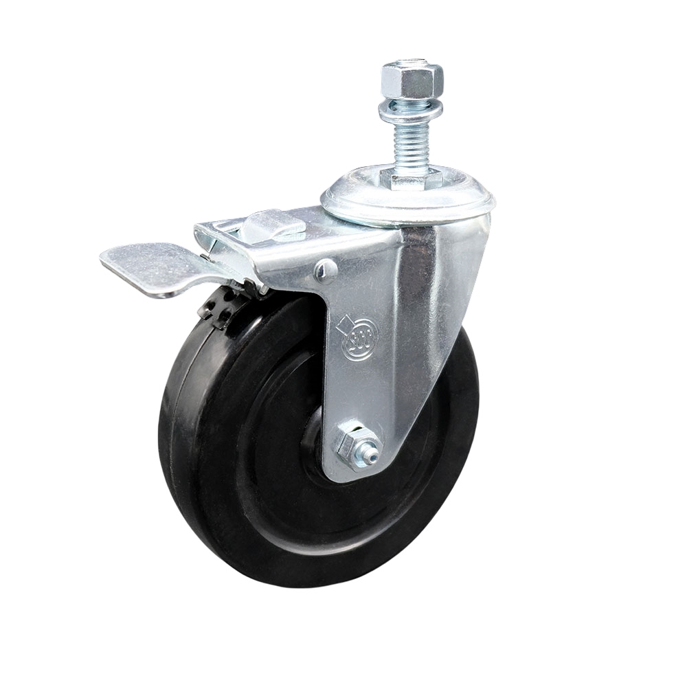 SCC-SSTSTTL20S514-HRS-M1215 Stainless Steel Hard Rubber Swivel Threaded Stem Caster with 5 x 1.25 in. Black Wheel & 12 mm Stem & Total Locking Brake