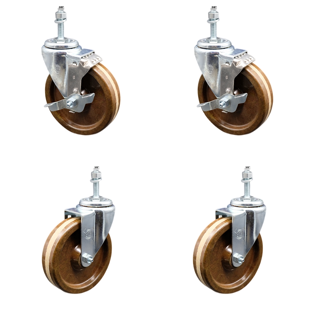 Stainless Steel High Temperature Phenolic Swivel Threaded Stem Caster with 5 x 1.25 in. Brown Wheels & 0.38 in. Stems - Set of 4