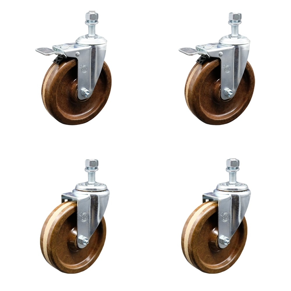 Stainless Steel High Temperature Phenolic Swivel Threaded Stem Caster with 5 x 1.25 in. Brown Wheels & 12 mm Stems - Set of 4