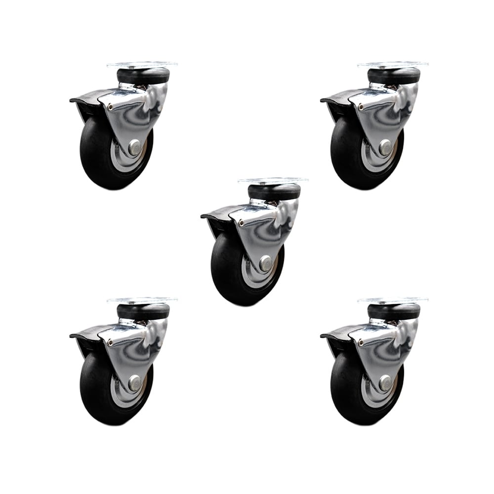 3 in. Swivel Caster Wheel for Furniture Bright Chrome Hooded with Top Plate & Brake Casters for Coffee Tables & Ottomans - Set of 5
