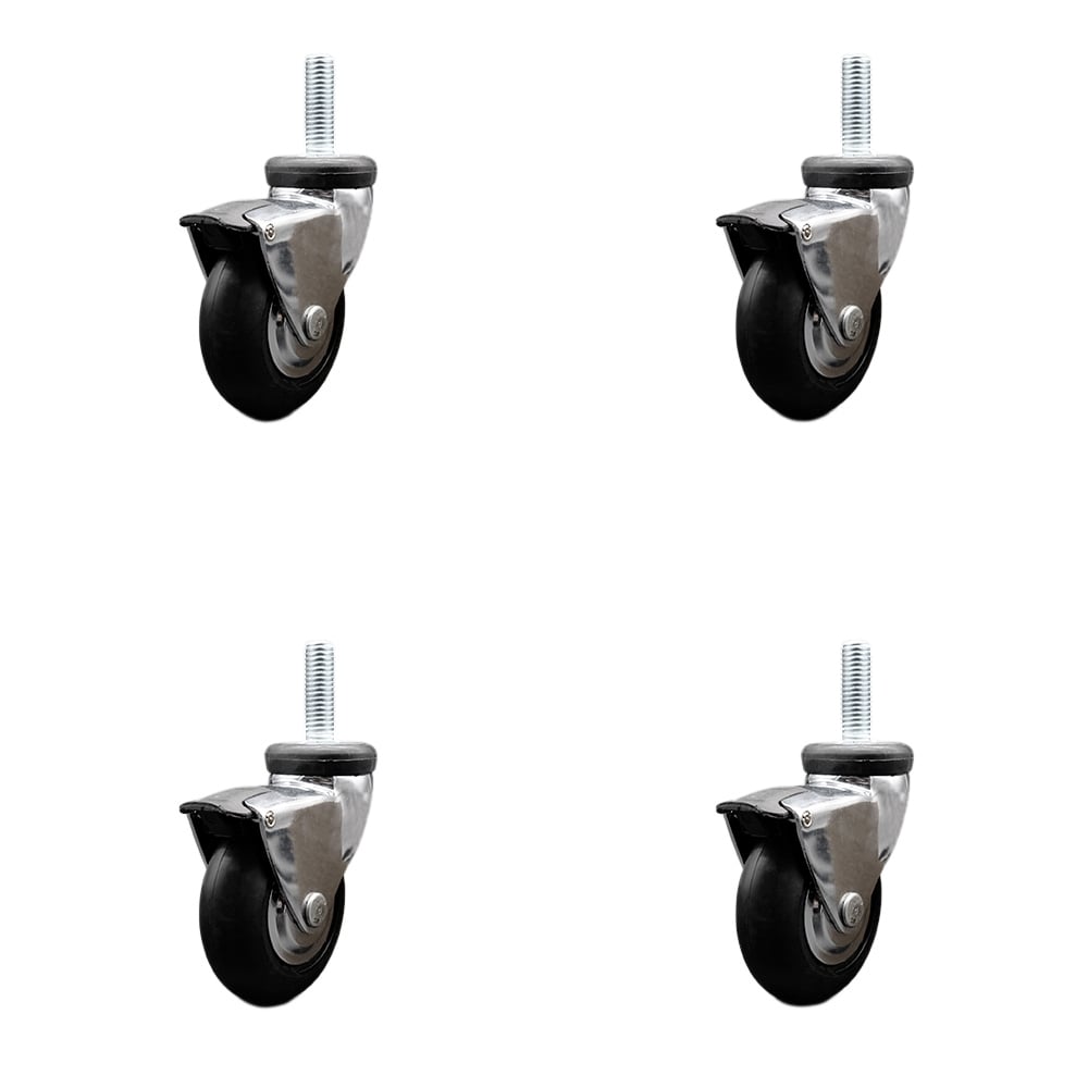 3 in. Swivel Caster Wheel for Furniture Bright Chrome Hooded with 0.375 in. 16 TPI x 1 in. Threaded Stem & Brake - Set of 4