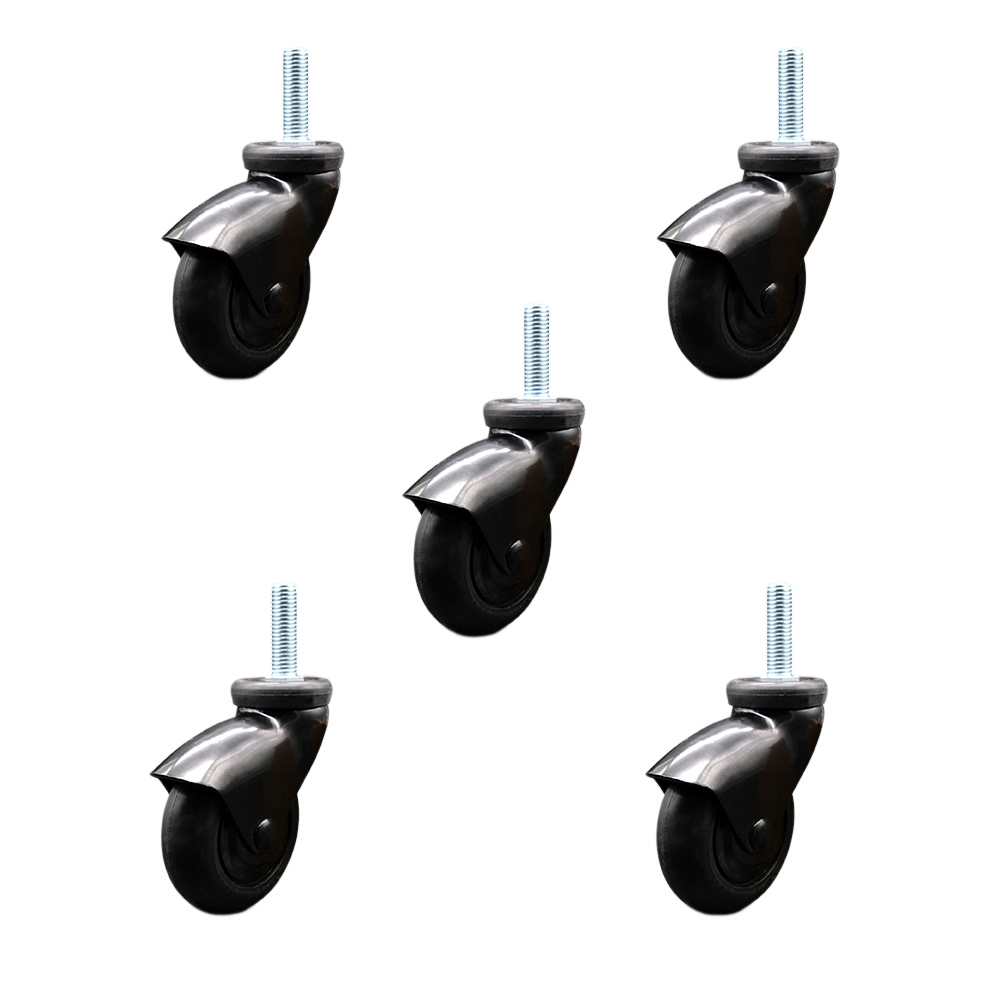 3 in. Swivel Caster Wheels for Furniture Black Hooded Neoprene Rubber Wheel with 0.31 in. 18 TPI x 1 in. Threaded Stem - Set of 5