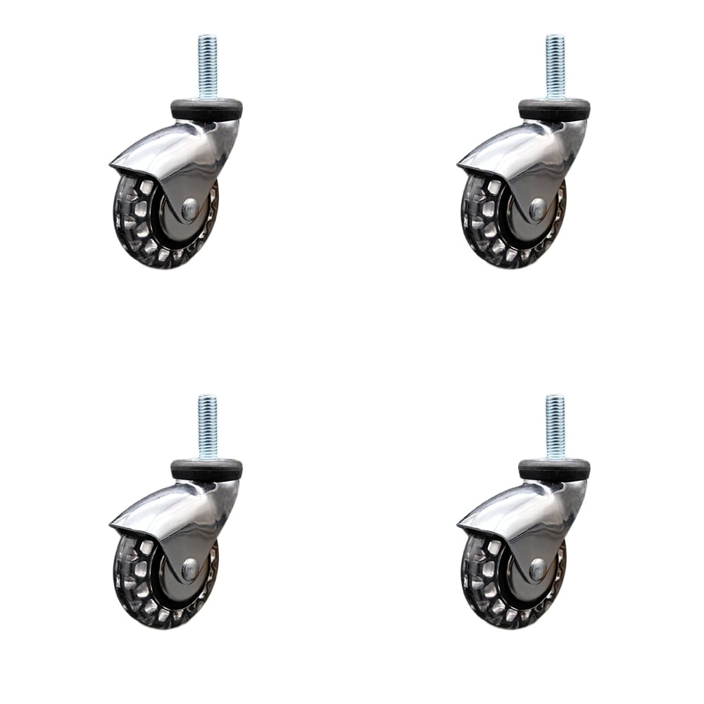 3 in. Swivel Caster Wheels for Furniture Bright Chrome Hooded Polyurethane Wheel with 0.5 in. 13 TPI x 1.5 in. Threaded Stem - Set of 4