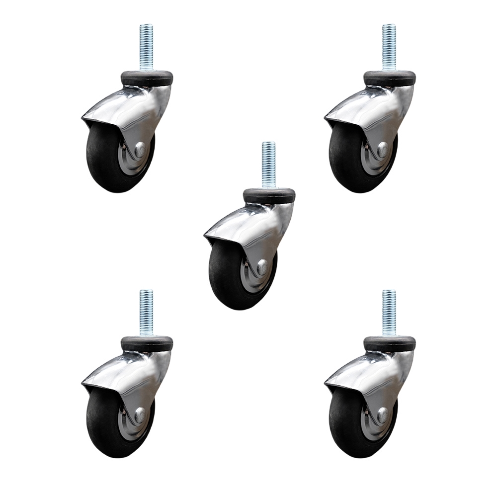3 in. Swivel Wheel for Furniture-Bright Chrome Hooded Neoprene Rubber Wheel with 0.31 in. 18 TPI x 1.5 in. Threaded Stem & Brake - Set of 5