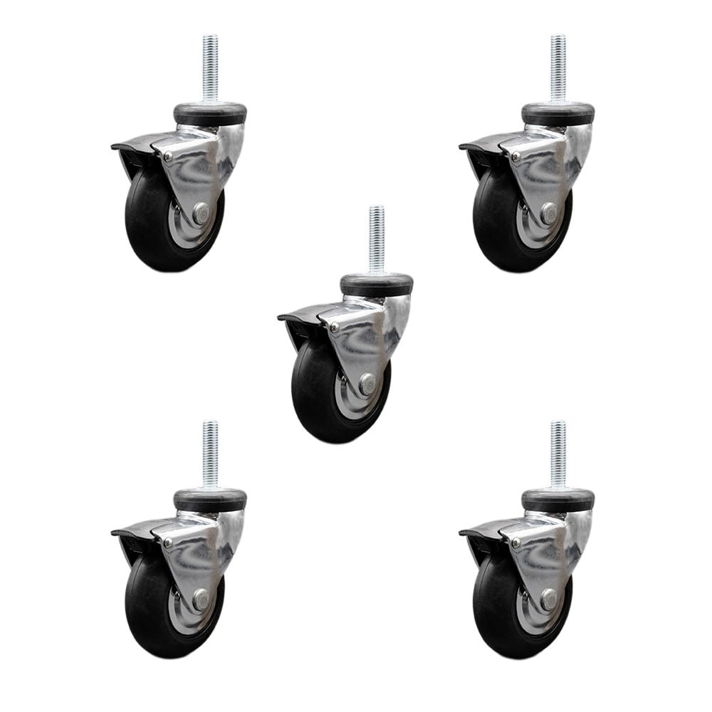 3 in. Swivel Caster Wheels for Furniture Bright Chrome Hooded Neoprene Rubber Wheel with 10 mm 1.50 x 1.5 in. Threaded Stem & Brake - Set of 5