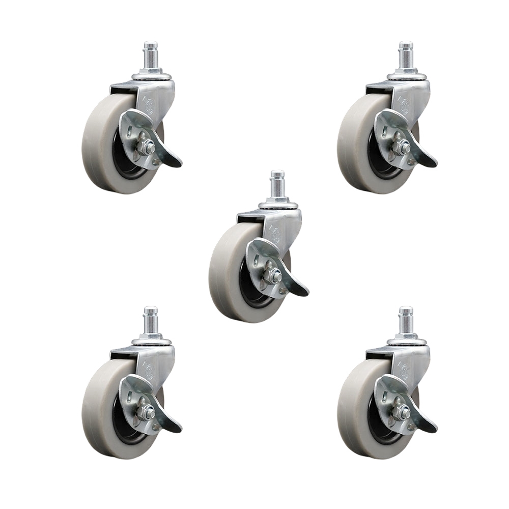 SCC-GR05S310-TPRS-SLB-71678-5 3 in. Swivel Thermoplastic Rubber Caster Wheels with 0.43 in. by 0.875 in. Grip Ring Stem Caster & Brake - Set of 5