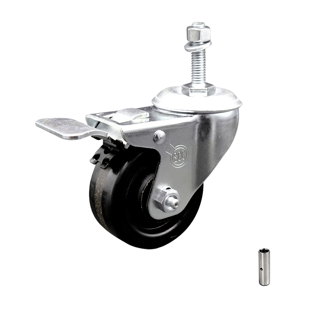 SCC-TSTTL20S3514-PHS-381615 Phenolic Swivel Threaded Stem Caster with 3.5 x 1.25 in. Black Wheel & 0.38 in. Stem & Total Locking Brake