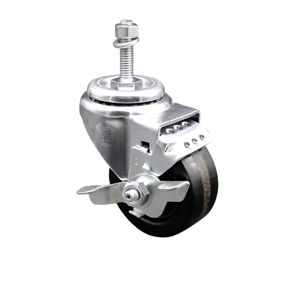 Stainless Steel Phenolic Swivel Threaded Stem Caster with 3.5 x 1.25 in. Black Wheel & 0.38 in. Stem & Top Locking Brake