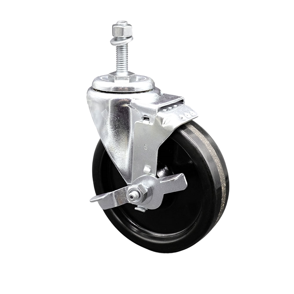 SCC-TS20S514-PHS-TLB-M1015 Phenolic Swivel Threaded Stem Caster with 5 x 1.25 in. Black Wheel & 10 mm Stem & Top Locking Brake