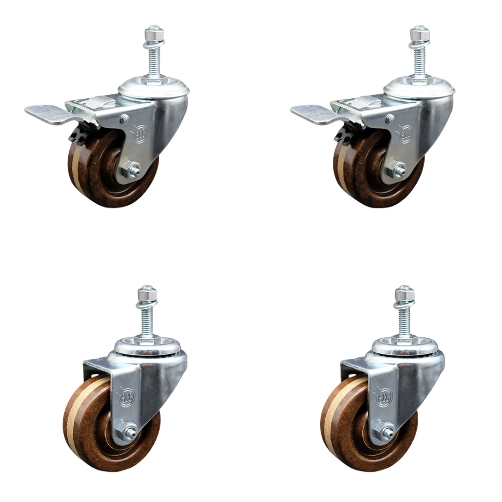 High Temperature Phenolic Swivel Threaded Stem Caster with Roller Bearing 3 x 1.25 in. Brown Wheels & 10 mm Stems - Set of 4