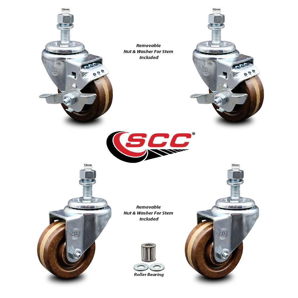 High Temperature Phenolic Swivel Threaded Stem Caster with Roller Bearing 3 x 1.25 in. Brown Wheels & 12 mm Stems - Set of 4