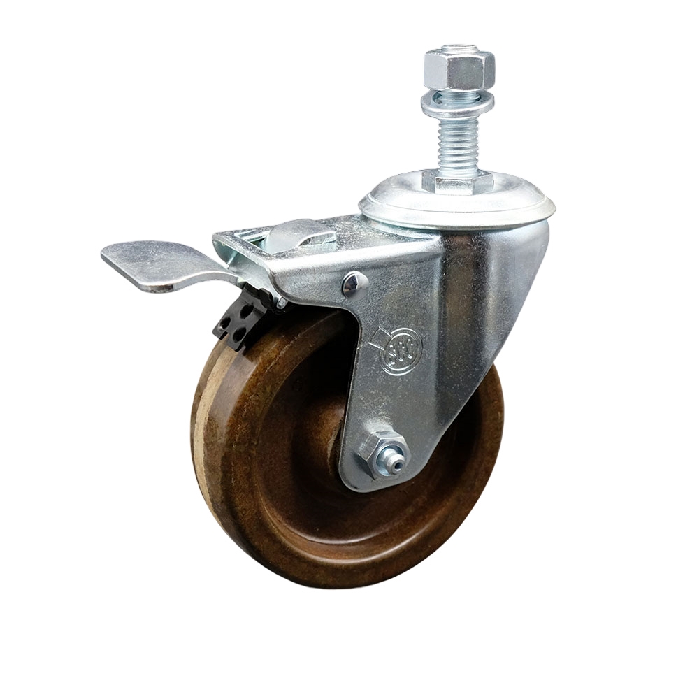 High Temperature Phenolic Swivel Threaded Stem Caster with Roller Bearing 4 x 1.25 in. Brown Wheel & 0.5 in. Stem & Total Locking Brake