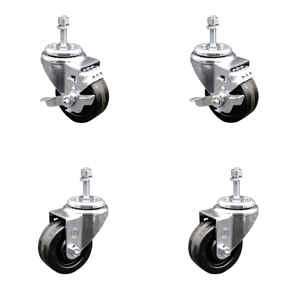 SCC-TS20S3514-PHS-M1015-2-TLB-2 Phenolic Swivel Threaded Stem Caster with 3.5 x 1.25 in. Black Wheels & 10 mm Stems - Set of 4