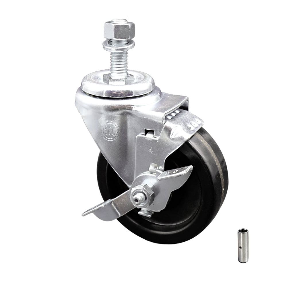 SCC-SSTS20S414-PHS-TLB-M1215 Stainless Steel Phenolic Swivel Threaded Stem Caster with 4 x 1.25 in. Black Wheel & 12 mm Stem & Top Locking Brake