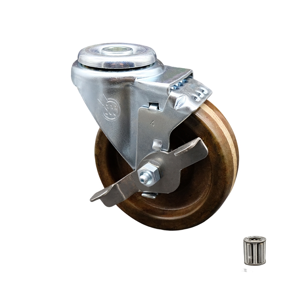 SCC-BH20S414-PHRHT-TLB High Temperature Phenolic Swivel Bolt Hole Caster with Roller Bearing 4 x 1.25 in. Brown Wheel & Top Locking Brake