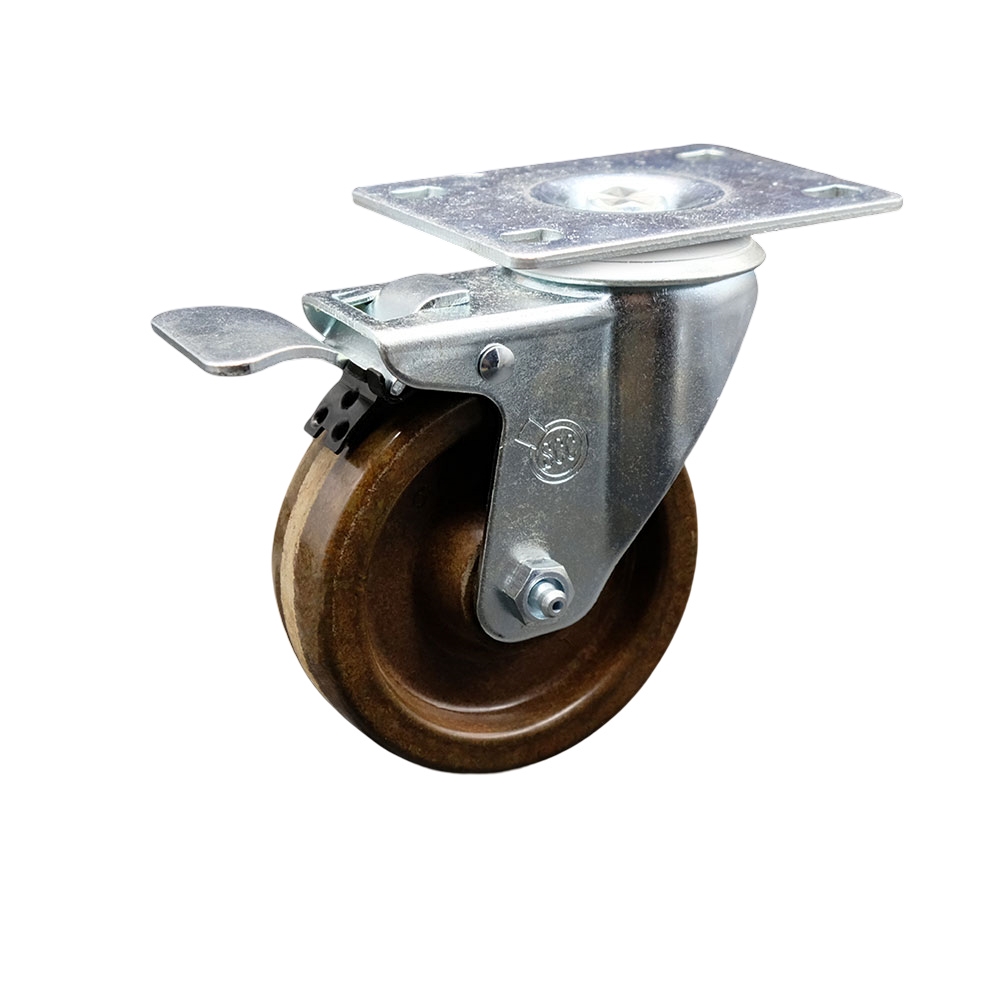 SCC-TTL20S414-PHRHT High Temperature Phenolic Swivel Top Plate Caster with Roller Bearing 4 in. Brown Wheel & Total Locking Brake