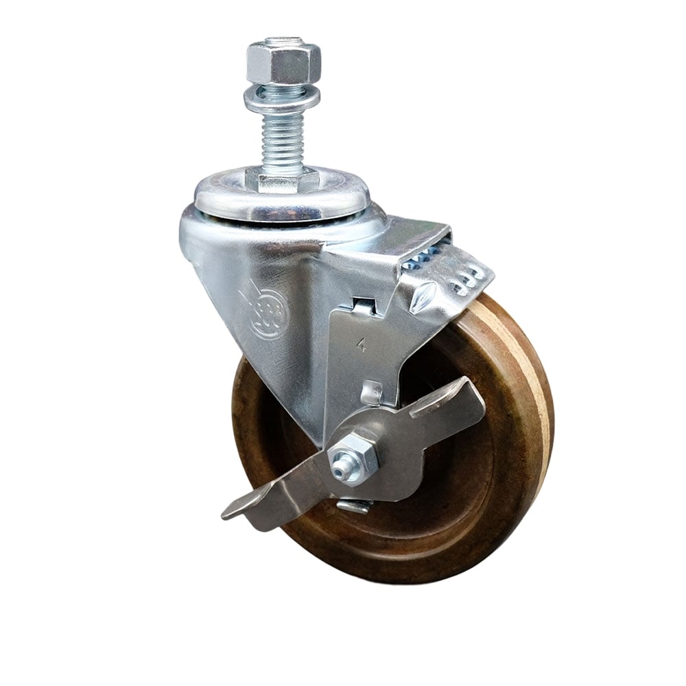 High Temperature Phenolic Swivel Threaded Stem Caster with Roller Bearing 4 x 1.25 in. Brown Wheel & 12 mm Stem & Top Locking Brake