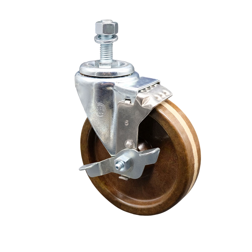 SCC-TS20S514-PHSHT-TLB-M1215 High Temperature Phenolic Swivel Threaded Stem Caster 5 x 1.25 in. Brown Wheel & 12 mm Stem & Top Locking Brake