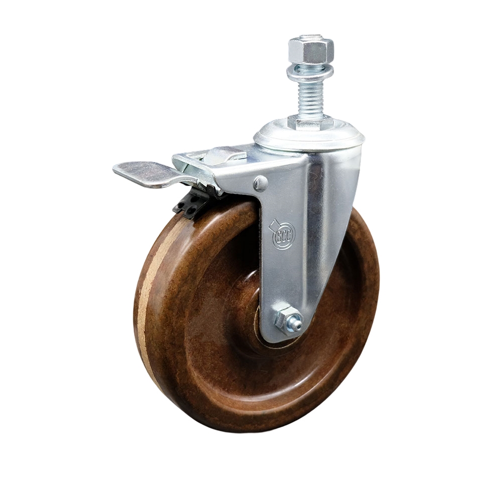 SCC-TSTTL20S615-PHSHT-M1215 High Temperature Phenolic Swivel Threaded Stem Caster 6 x 1.5 in. Brown Wheel & 12 mm Stem & Total Locking Brake