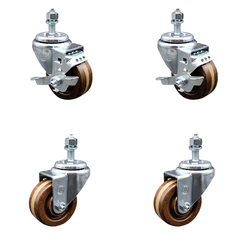 Stainless Steel High Temperature Phenolic Swivel Threaded Stem Caster with 3 x 1.25 in. Brown Wheels & 0.5 in. Stems - Set of 4