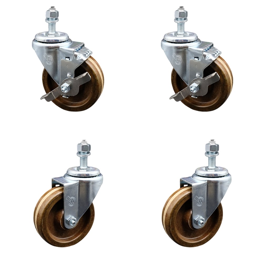 Stainless Steel High Temperature Phenolic Swivel Threaded Stem Caster with 4 x 1.25 in. Brown Wheels & 0.5 in. Stems - Set of 4