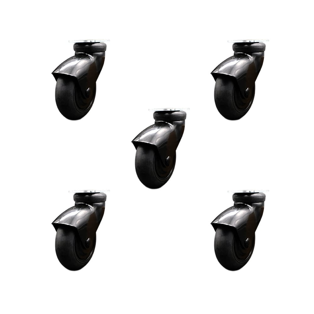 3 in. Swivel Caster Wheels for Furniture Black Hooded Neoprene Rubber Wheel with Top Plate Casters for Coffee Tables & Ottomans - Set of 5