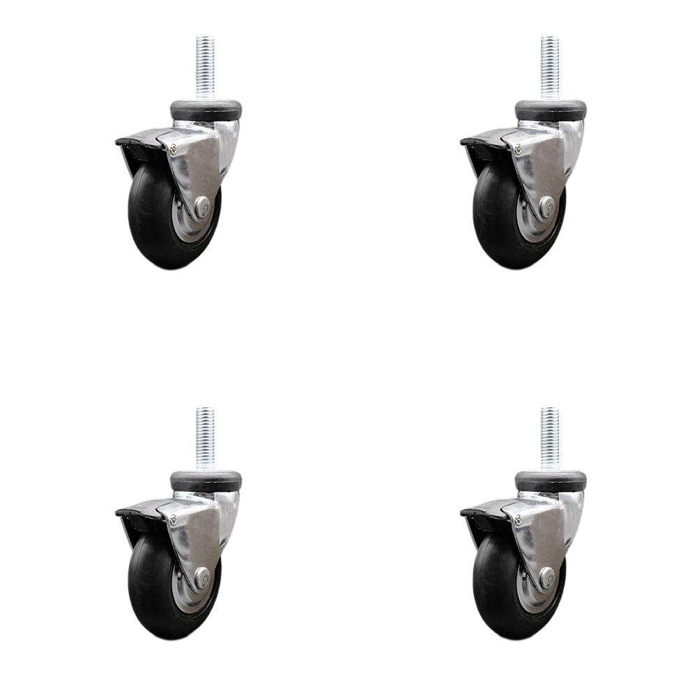 3 in. Swivel Wheel for Furniture Bright Chrome Hooded Neoprene Rubber Wheel with 0.31 in. 18 TPI x 1 in. Threaded Stem & Brake - Set of 4