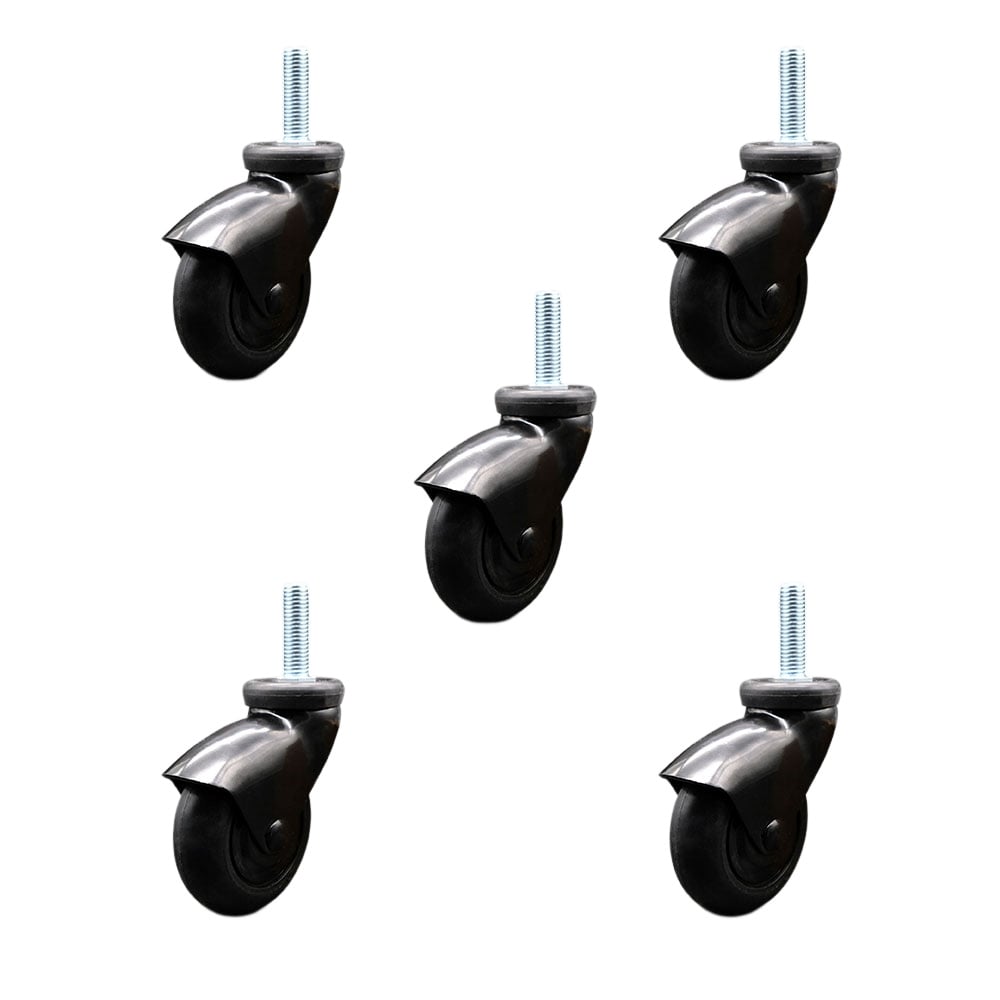 3 in. Swivel Caster Wheels for Furniture Black Hooded Neoprene Rubber Wheel with 0.5 in. 13 TPI x 1.5 in. Threaded Stem - Set of 5