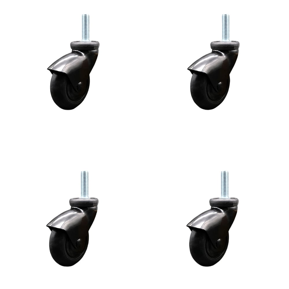 3 in. Swivel Caster Wheels for Furniture Black Hooded Neoprene Rubber Wheel with 0.31 in. 18 TPI x 1.5 in. Threaded Stem & Brake - Set of 4