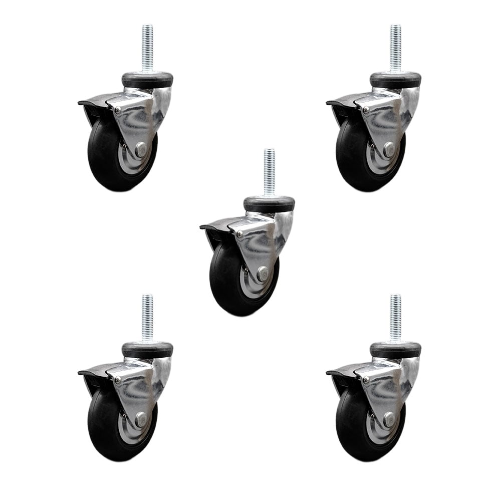 3 in. Swivel Caster Wheels for Furniture Bright Chrome Hooded Neoprene Rubber Wheel with 8 mm 1.25 x 1.5 in. Threaded Stem & Brake - Set of 5
