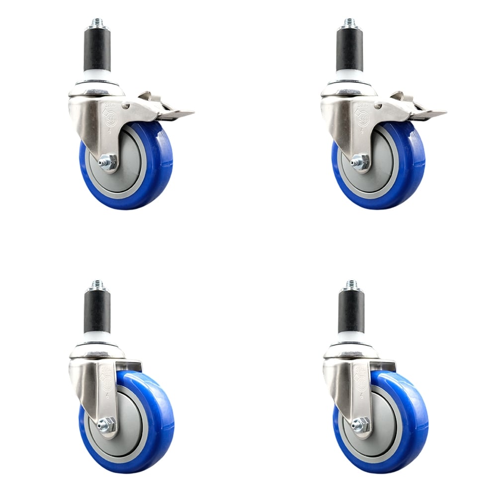 Polyurethane Swivel Stem Caster with 4 in. Blue Caster Wheels, 1.25 in. Expanding Stem - 316 Stainless Steel Casters - Set of 4