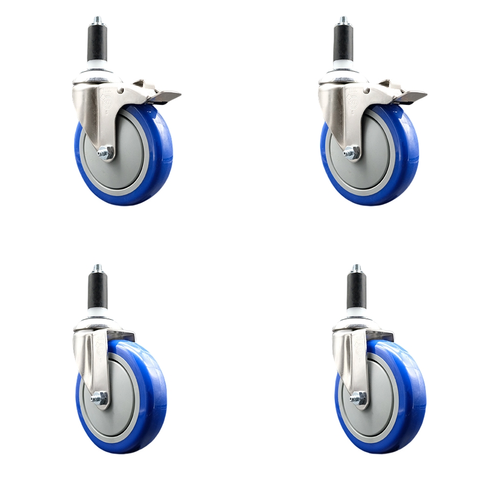 Polyurethane Swivel Stem Caster with 5 in. Blue Caster Wheels, 1.25 in. Expanding Stem - 316 Stainless Steel Casters - Set of 4