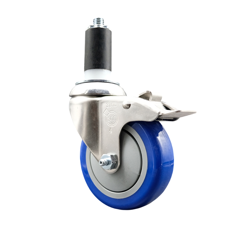 Polyurethane Swivel Stem Caster with 4 in. Blue Caster Wheels & Total Lock Brake, 1.38 in. Expanding Stem - 316 Stainless Steel Caster