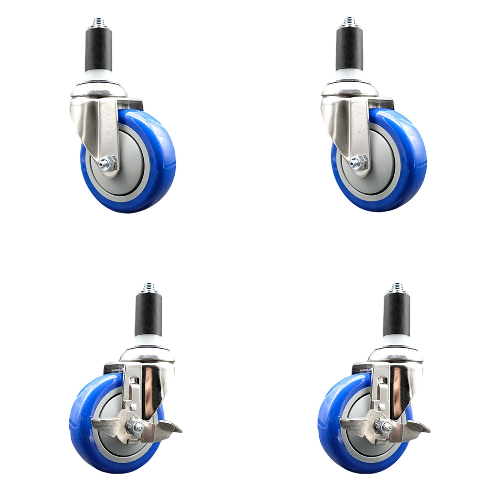 Polyurethane Swivel Stem Caster with 4 in. Blue Caster Wheels, 1.38 in. Expanding Stems - 316 Stainless Steel Casters - Set of 4