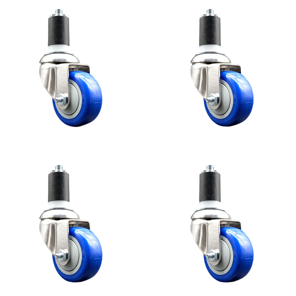 Polyurethane Swivel Stem Caster with 3 in. Blue Caster Wheels, 1.5 in. Expanding Stems - 316 Stainless Steel Casters - Set of 4