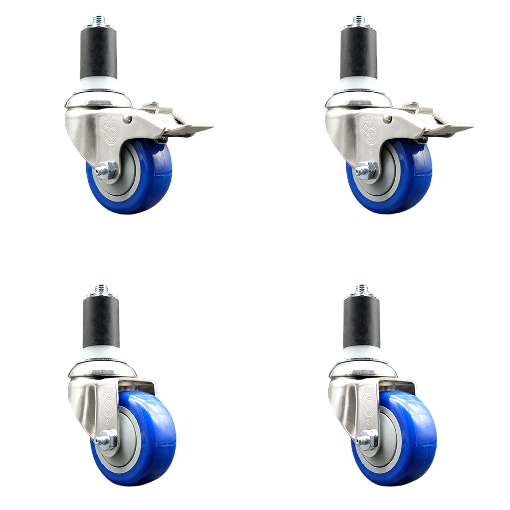 Polyurethane Swivel Stem Caster with 3.5 in. Blue Caster Wheels, 1.5 in. Expanding Stem - 316 Stainless Steel Casters - Set of 4