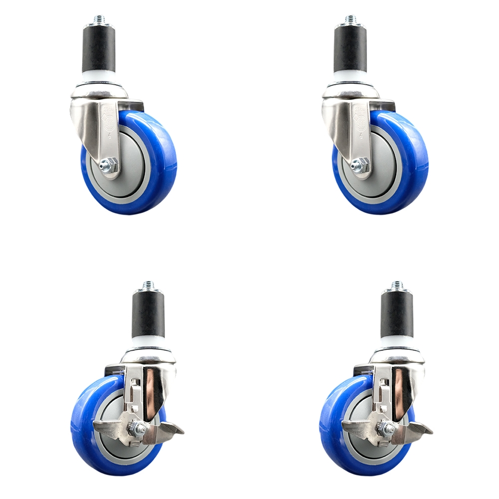Polyurethane Swivel Stem Caster with 4 in. Blue Caster Wheels, 1.5 in. Expanding Stems - 316 Stainless Steel Casters - Set of 4