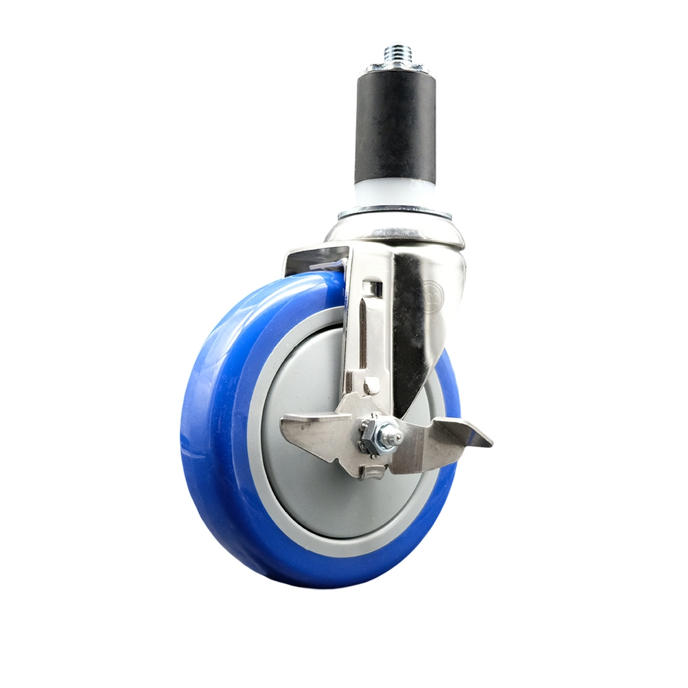 Polyurethane Swivel Stem Caster with 5 in. Blue Caster Wheels & Top Lock Brake, 1.5 in. Expanding Stem - 316 Stainless Steel Caster
