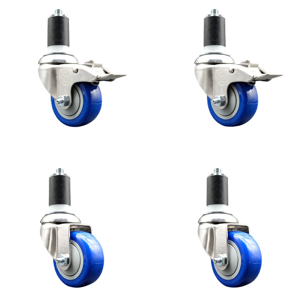 Polyurethane Swivel Stem Caster with 3 in. Blue Caster Wheels, 1.63 in. Expanding Stem - 316 Stainless Steel Casters - Set of 4