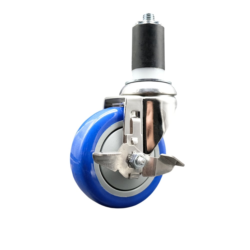 Polyurethane Swivel Stem Caster with 4 in. Blue Caster Wheels & Top Lock Brake, 1.63 in. Expanding Stem - 316 Stainless Steel Caster