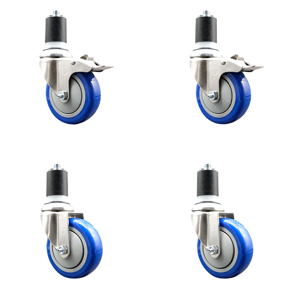 Polyurethane Swivel Stem Caster with 4 in. Blue Caster Wheels, 1.75 in. Expanding Stem - 316 Stainless Steel Casters - Set of 4