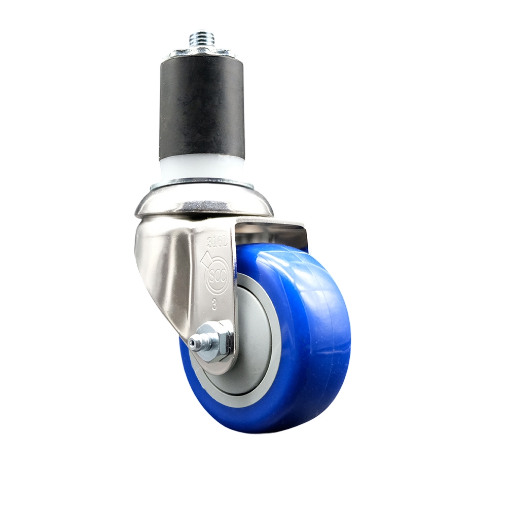 Polyurethane Swivel Stem Caster with 3 in. Blue Caster Wheels, 1.87 in. Expanding Stem - 316 Stainless Steel Caster