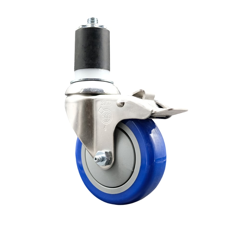 Polyurethane Swivel Stem Caster with 4 in. Blue Caster Wheels & Total Lock Brake, 1.87 in. Expanding Stem - 316 Stainless Steel Caster
