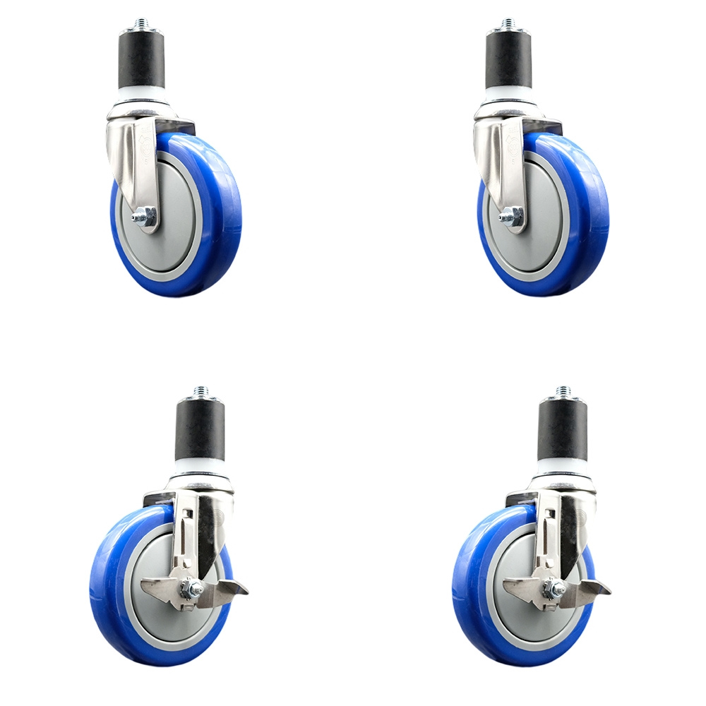 Polyurethane Swivel Stem Caster with 5 in. Blue Caster Wheels, 1.87 in. Expanding Stems - 316 Stainless Steel Casters - Set of 4