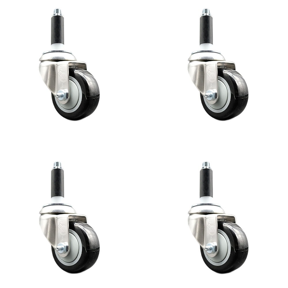 Polyurethane Swivel Stem Caster with 3.5 in. Black Caster Wheels, 0.75 in. Expanding Stems - 316 Stainless Steel Casters - Set of 4