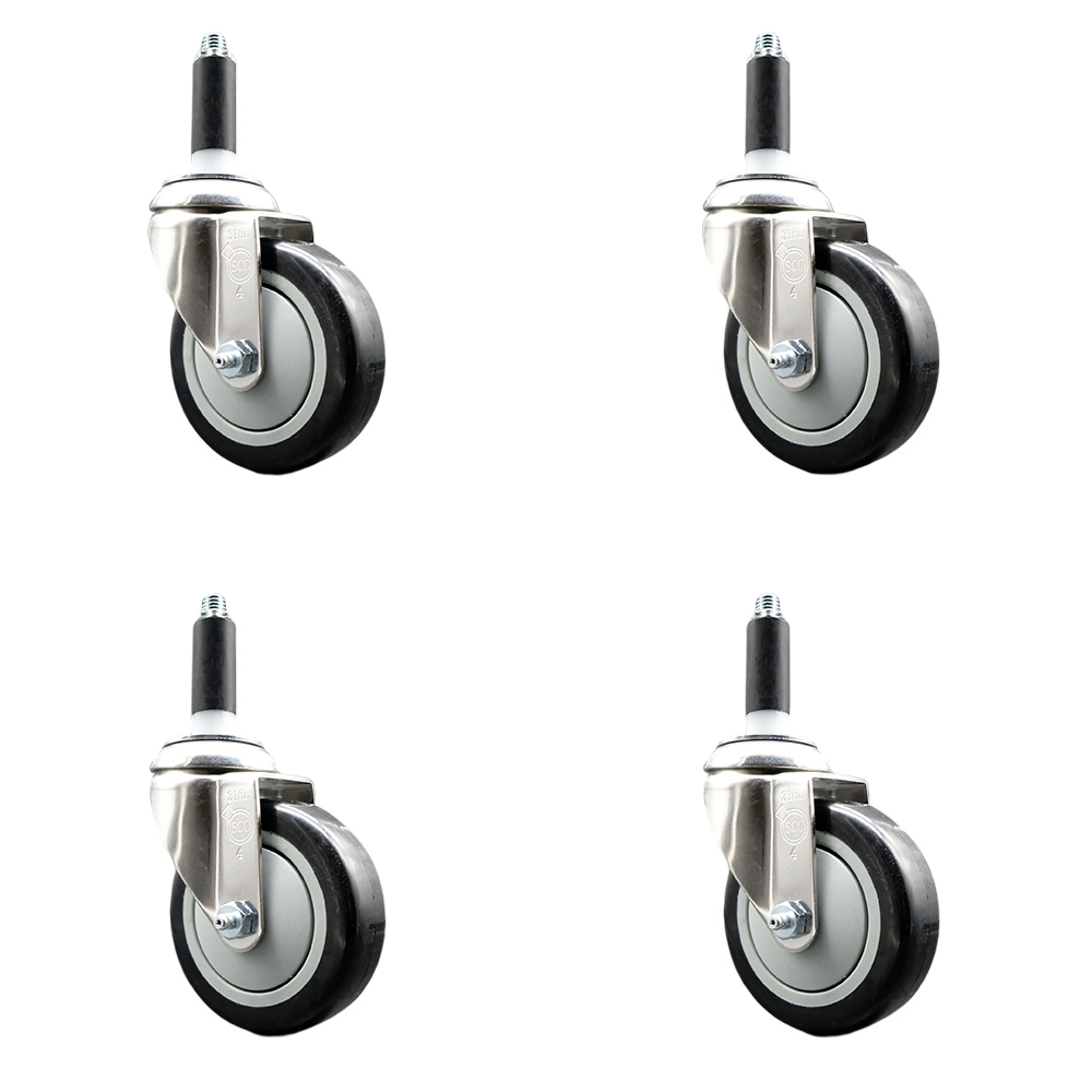 Polyurethane Swivel Stem Caster with 4 in. Black Caster Wheels, 0.75 in. Expanding Stems - 316 Stainless Steel Casters - Set of 4
