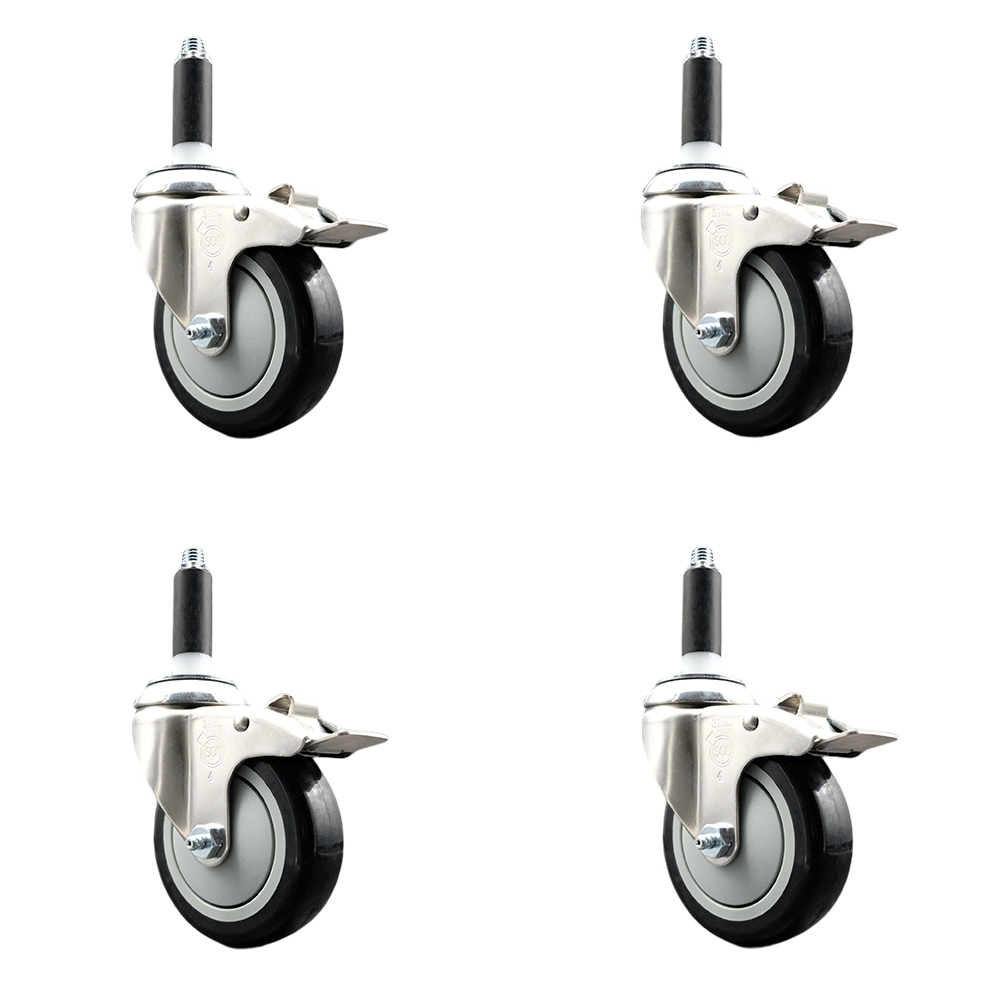 Polyurethane Swivel Stem Caster with 4 in. Black Caster Wheels, 0.75 in. Expanding Stems - 316 Stainless Steel Casters - Set of 4