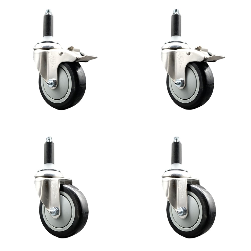 Polyurethane Swivel Stem Caster with 4 in. Black Caster Wheels, 0.75 in. Expanding Stem - 316 Stainless Steel Casters - Set of 4