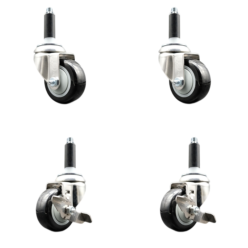 Polyurethane Swivel Stem Caster with 3 in. Black Caster Wheels, 0.87 in. Expanding Stems - 316 Stainless Steel Casters - Set of 4