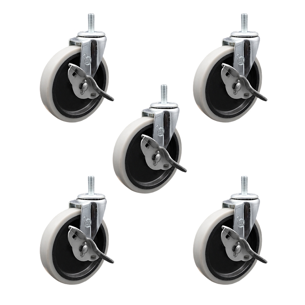 SCC-TS05S510-TPRS-SLB-M1215-5 5 in. Swivel Thermoplastic Rubber Caster Wheels with 12 mm 1.75 TPI x 1.5 in. Threaded Stem Caster & Brake - Set of 5
